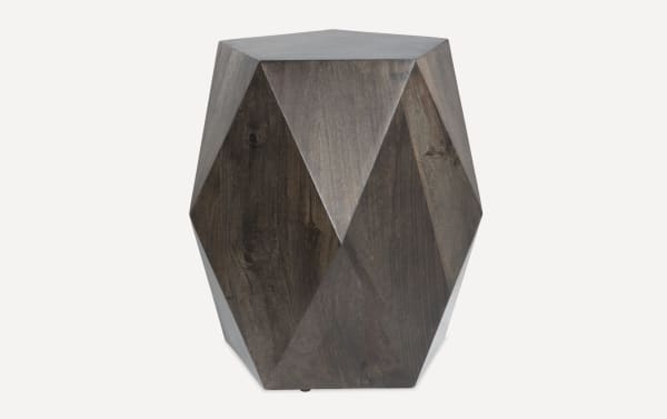 Contemporary Prism 17'' black mango wood side table with geometric faceted design, hollow interior, and water-resistant finish for versatile use.