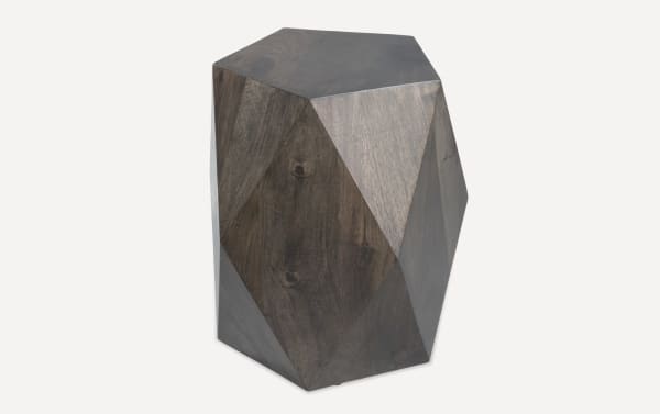 Contemporary Prism 17'' black side table crafted from mango wood with a geometric faceted design and water-resistant finish.
