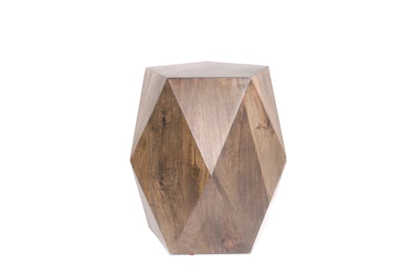 Contemporary Prism 17'' brown side table made of mango wood with a geometric faceted design and water-resistant finish, functional art sculpture style.