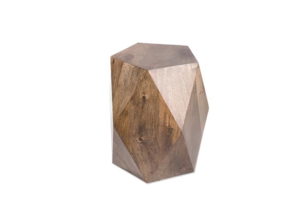 Contemporary Prism 17'' brown side table made of mango wood with geometric faceted design, hollow interior, and water-resistant finish.