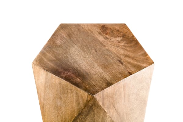 Contemporary Prism 17'' brown side table made of mango wood with a geometric, pentagonal shape and water-resistant finish.