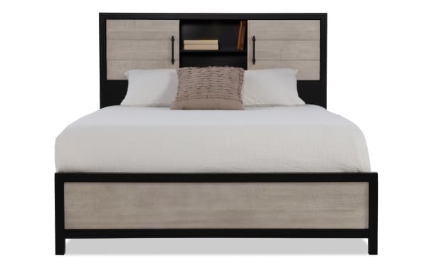 Fusion Full Black & Gray Bookcase Headboard Bed in transitional style with birch veneer, MDF, and poplar solids, featuring two-tone finish and headboard storage.