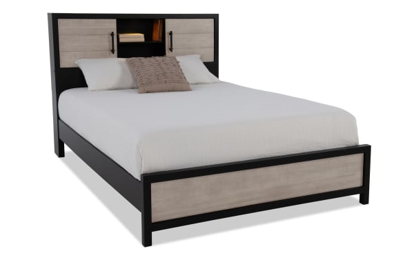 Fusion Full Black & Gray Bookcase Headboard Bed with birch veneer, MDF, and poplar solids. Transitional style with two-tone black and gray finish, built-in headboard lighting, and storage shelves.