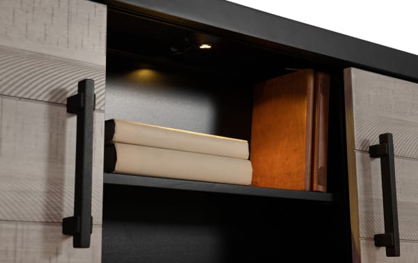 Fusion Full Black & Gray Bookcase Headboard Bed shelf with built-in light, birch veneer, MDF, poplar solids, and transitional two-tone finish