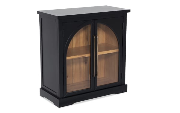 Black 2 Door Arch Cabinet in contemporary style, made of MDF with black finish, featuring two glass arch doors and acacia plank interior shelves for display.