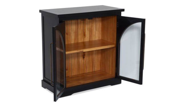 Black 2 Door Arch Cabinet in contemporary style with MDF frame, black finish, glass arch doors, and natural acacia plank interior for display.