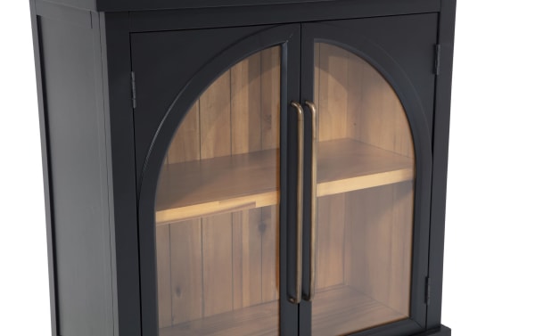 Contemporary Black 2 Door Arch Cabinet with MDF frame, glass display doors, and acacia plank interior shelves for stylish storage.