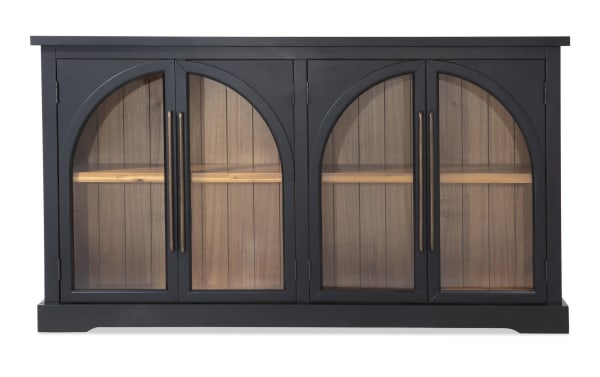 Black 4 Door Arch Cabinet in contemporary style, made of MDF with black frame, glass arch doors, and acacia plank back panel for display.