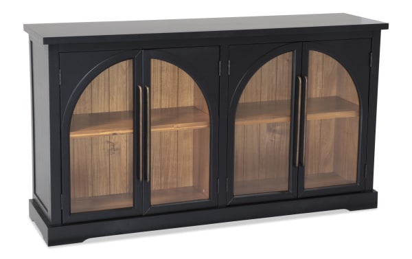 Black 4 Door Arch Cabinet in contemporary style, made of MDF with black frame and acacia plank interior, featuring four glass doors with arch design.