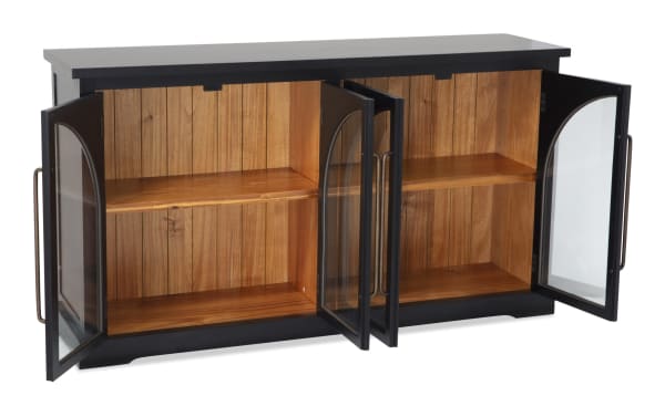 Black 4 Door Arch Cabinet in contemporary style with MDF frame, black finish, glass arch doors, and acacia plank interior shelves for display.