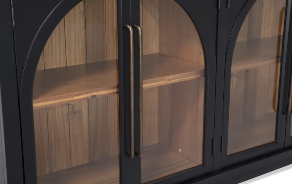 Contemporary Black 4 Door Arch Cabinet made of MDF with glass display doors and acacia plank backing, perfect for showcasing decor.