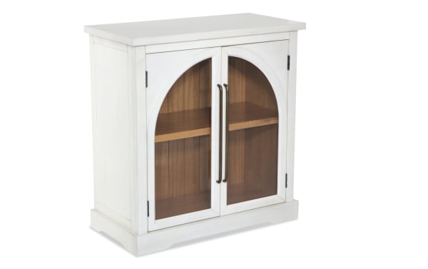 White 2 Door Arch Cabinet in contemporary style, MDF construction with glass arch doors showcasing acacia plank interior and shelf for display.