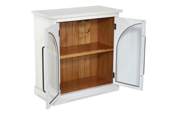 White 2 Door Arch Cabinet in contemporary style, made of white MDF with glass arch doors and natural acacia plank interior shelving for display.