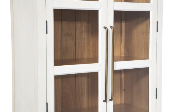 White 2 Door Arch Cabinet in contemporary style, made of MDF with acacia plank backing, featuring two glass display doors and bronze handles.