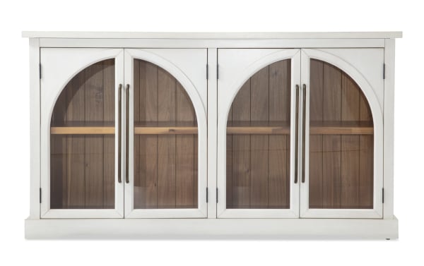 White 4 Door Arch Cabinet in contemporary style, made of MDF with glass arch doors showcasing acacia plank backing for display and storage.
