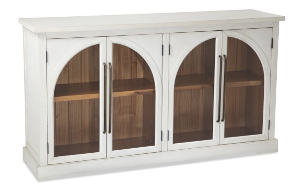 White 4 Door Arch Cabinet in contemporary style with MDF frame, four glass arch doors, and acacia plank back panel for elegant display storage.