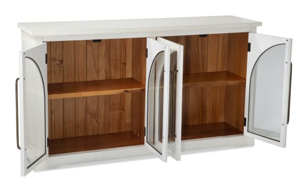 White 4 Door Arch Cabinet in contemporary style with MDF frame, acacia plank interior, and glass arch doors for elegant display storage.
