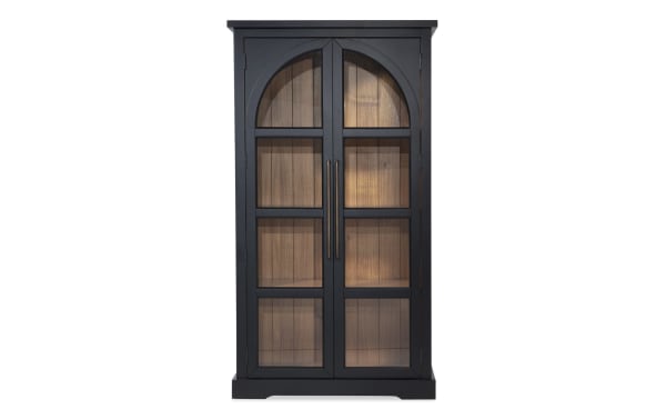 Black 2 Door Tall Arch Cabinet in contemporary style, made of MDF with glass-paneled doors and acacia plank back, ideal for display storage.