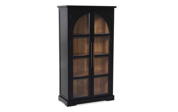 Black 2 Door Tall Arch Cabinet in contemporary style, made of MDF with black finish and acacia plank interior, featuring glass display doors with arch design.