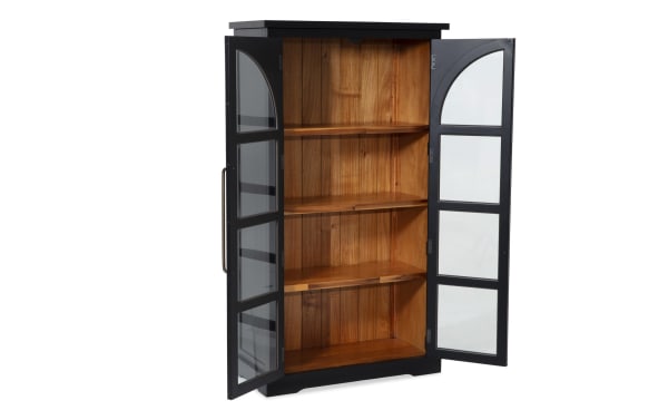 Black 2 Door Tall Arch Cabinet in contemporary style, made of MDF with acacia plank interior, featuring two glass-paneled arched doors and three shelves for display.