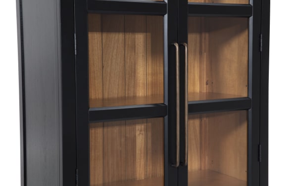 Black 2 Door Tall Arch Cabinet in contemporary style, made of MDF with black frame and glass doors showcasing acacia plank interior shelves for display.