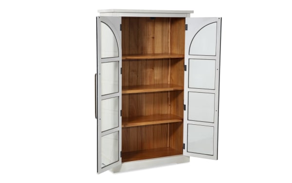 White 2 Door Tall Arch Cabinet in contemporary style, made of MDF with acacia plank interior, featuring two glass-paneled arched doors and three shelves for display.