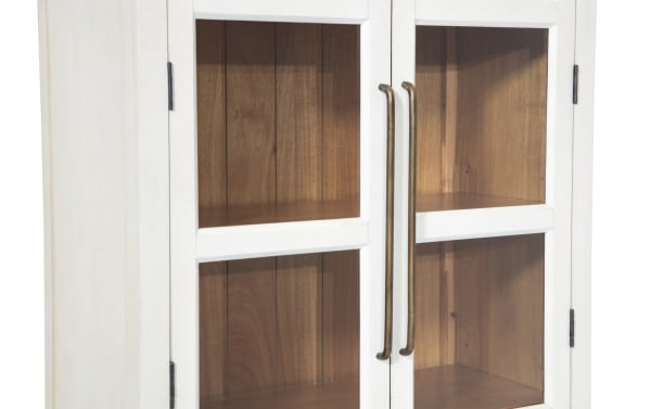 White 2 Door Tall Arch Cabinet in contemporary style, made of MDF with acacia plank interior, featuring glass display doors and bronze handles.