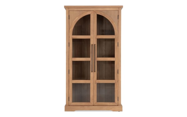 Natural 2 Door Tall Arch Cabinet in contemporary style with MDF frame, acacia plank backing, and glass display doors for showcasing decor.
