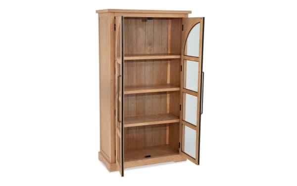 Natural 2 Door Tall Arch Cabinet in contemporary style, made of natural MDF with acacia plank backing, featuring glass panel doors and metal handles.