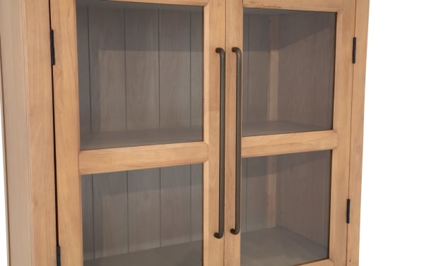 Natural 2 Door Tall Arch Cabinet in natural MDF with contemporary style, featuring two glass display doors and acacia plank backing for showcasing decor.