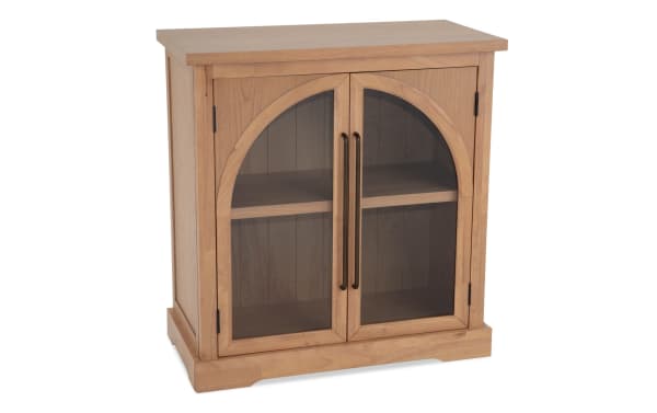 Natural 2 Door Arch Cabinet in natural MDF with contemporary style, featuring two glass display doors with arch design and acacia plank backing.
