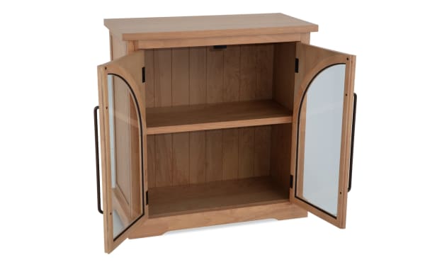 Natural 2 Door Arch Cabinet in natural MDF with contemporary style, featuring two glass arch doors and interior shelf for display and storage.