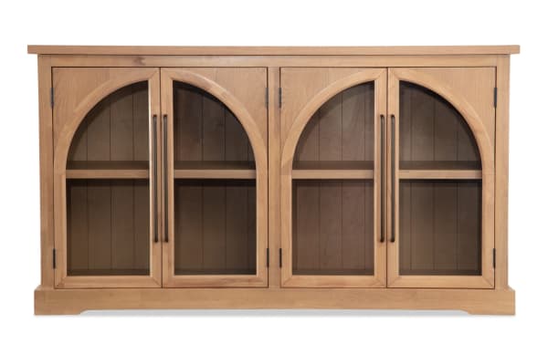 Natural 4 Door Arch Cabinet in natural wood finish with MDF construction, contemporary style, four arched glass display doors, and acacia plank backing.