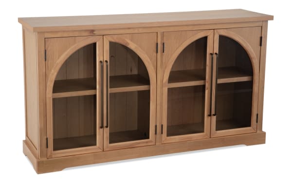 Natural 4 Door Arch Cabinet in natural wood finish with MDF construction, featuring four glass display doors with arch design and metal handles, contemporary style for showcasing decor.
