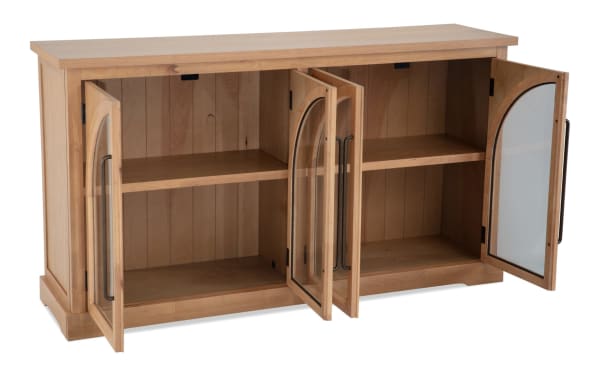 Natural 4 Door Arch Cabinet in natural MDF with acacia plank backing, contemporary style, four glass-paneled display doors for showcasing décor.