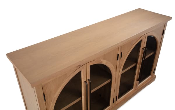 Natural 4 Door Arch Cabinet in contemporary style, made of light natural MDF with four arched glass display doors showcasing interior shelves.