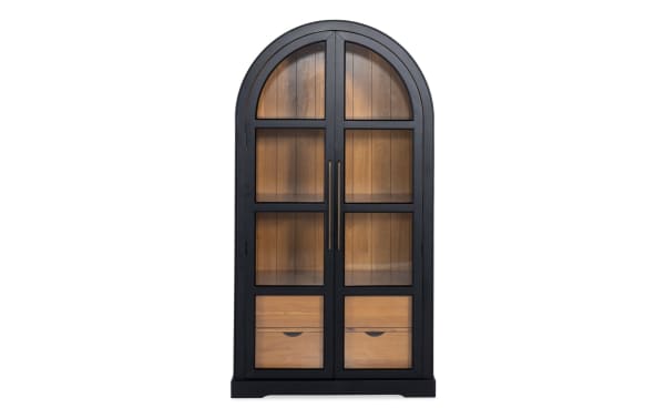 Black 2 Door Arch Bookcase Cabinet in contemporary style, made of MDF with black frame and acacia plank interior, featuring glass doors and metal handles.