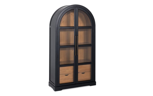 Black 2 Door Arch Bookcase Cabinet in contemporary style, made of MDF with black frame and acacia plank interior, featuring two glass display doors and lower drawers.
