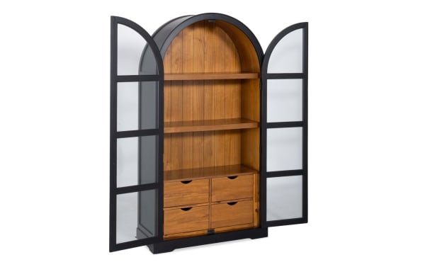 Contemporary Black 2 Door Arch Bookcase Cabinet with MDF frame, acacia plank interior, glass-paneled doors, and four wooden drawers for storage.