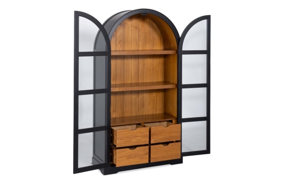 Black 2 Door Arch Bookcase Cabinet in contemporary style with black MDF frame, glass doors, acacia plank interior, and four wooden drawers.