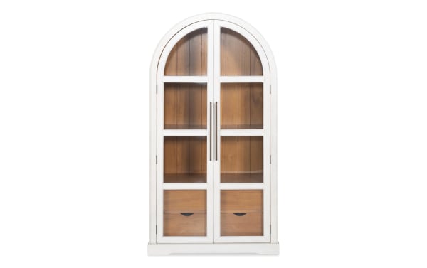 White 2 Door Arch Bookcase Cabinet in contemporary style with MDF frame, glass-paneled doors, and acacia plank backing for display and storage.