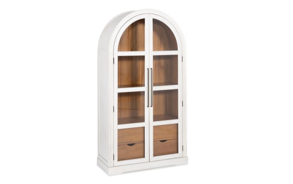 White 2 Door Arch Bookcase Cabinet in contemporary style, made of white MDF with acacia plank interior, featuring glass display doors and two drawers.