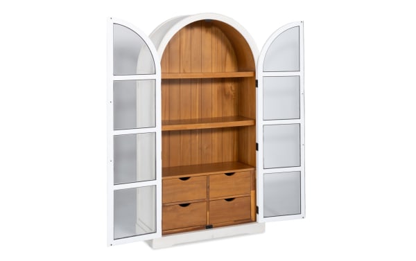 White 2 Door Arch Bookcase Cabinet in contemporary style, MDF with acacia plank interior, featuring two glass-paneled doors and four lower drawers.