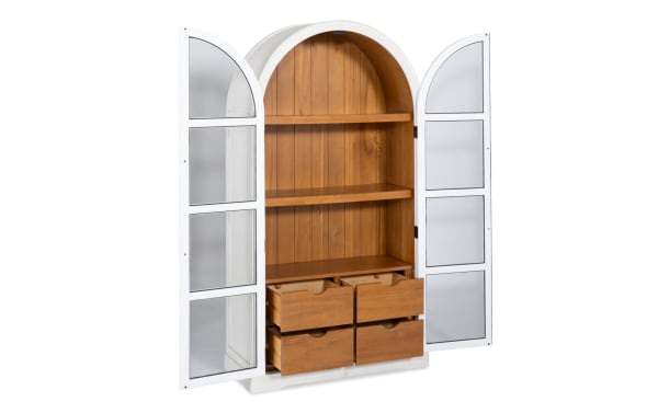 White 2 Door Arch Bookcase Cabinet in contemporary style, MDF frame with white finish, arched top, glass-paneled doors, and acacia wood shelves and drawers.