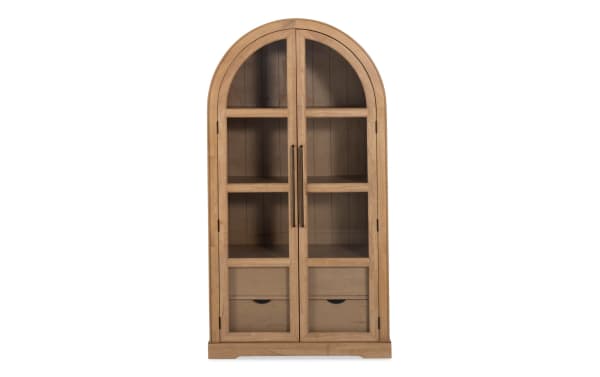 Natural 2 Door Arch Bookcase Cabinet in natural MDF with contemporary style, featuring tall arched glass doors and two lower drawers for display and storage.