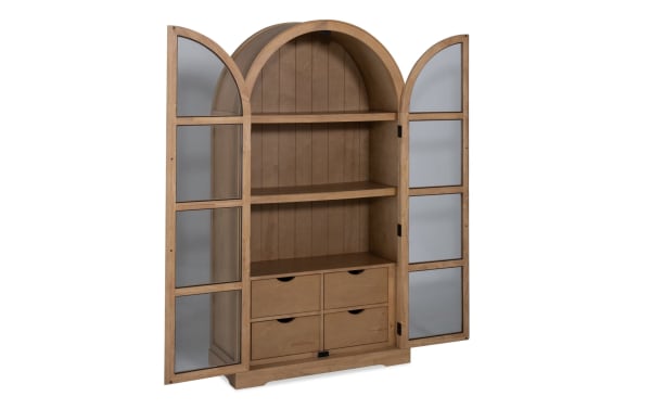 Natural 2 Door Arch Bookcase Cabinet in natural MDF with tall arched top, two glass-paneled doors, two shelves, and four drawers in contemporary style.