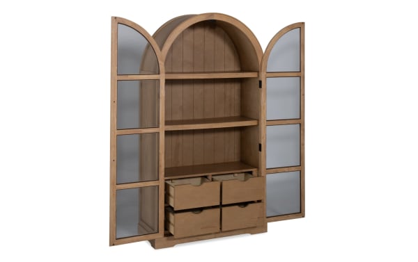 Natural 2 Door Arch Bookcase Cabinet in natural MDF with tall arched top, two glass-paneled doors, three shelves, and four drawers in contemporary style.