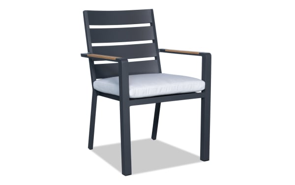 Laguna Gray Aluminum Outdoor Dining Side Chair with light gray polyester fabric cushion, weather-resistant powder-coated frame, and contemporary style.