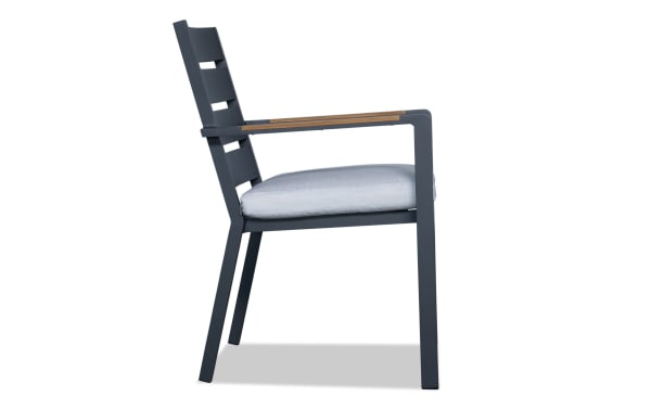 Laguna Gray Aluminum Outdoor Dining Side Chair with light gray polyester fabric cushion, weather-resistant powder-coated frame, and contemporary style.