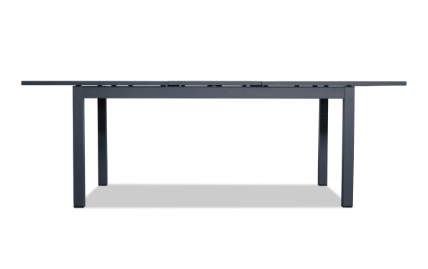 Laguna Gray Aluminum Outdoor Extension Dining Table with powder-coated metal frame, contemporary style, and self-storing extendable leaf for patio use.
